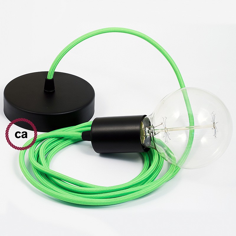 Single Pendant, suspended lamp with Green Fluo textile cable RF06