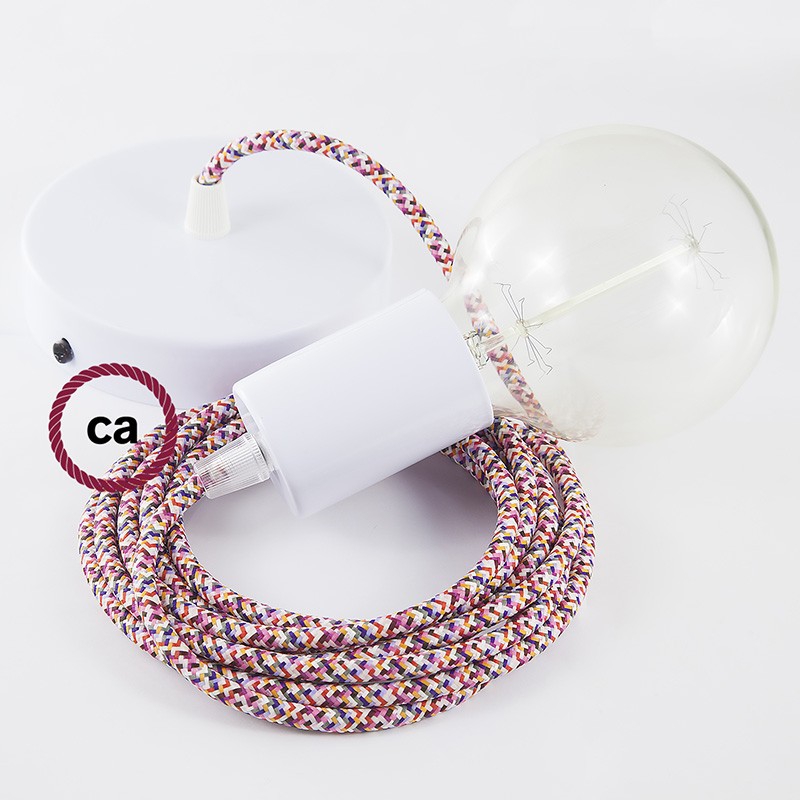 Single Pendant, suspended lamp with Pixel Fuchsia textile cable RX00