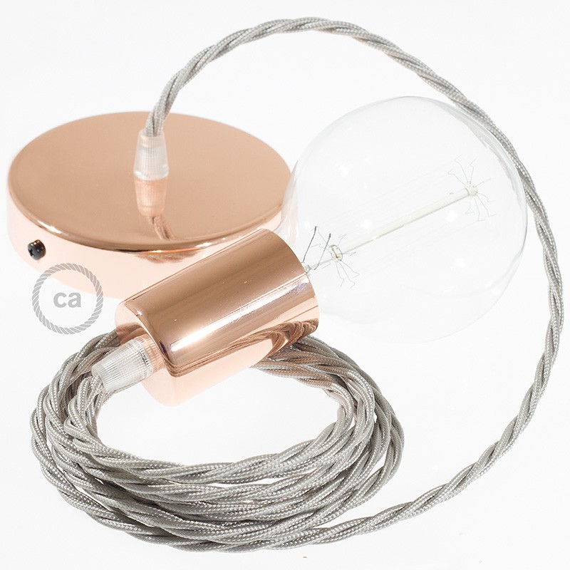 Single Pendant, suspended lamp with Silver Rayon textile cable TM02