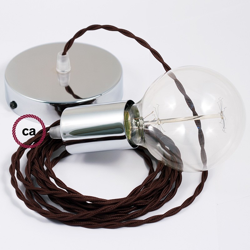 Single Pendant, suspended lamp with Brown Rayon textile cable TM13