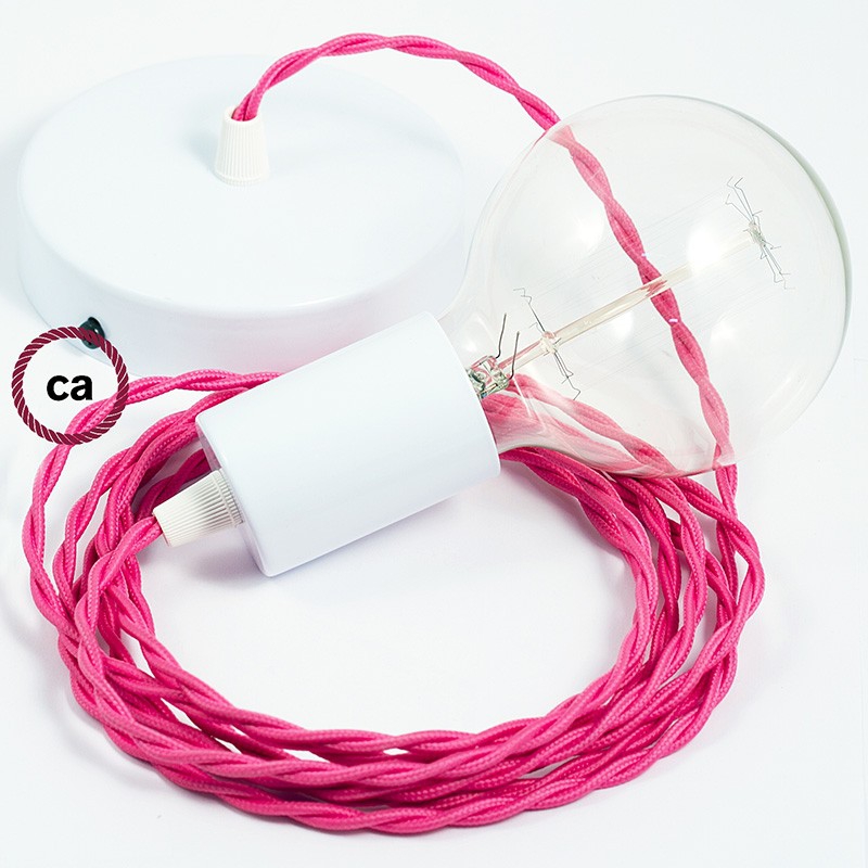 Single Pendant, suspended lamp with Fuchsia Rayon textile cable TM08