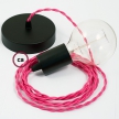 Single Pendant, suspended lamp with Fuchsia Rayon textile cable TM08