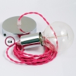 Single Pendant, suspended lamp with Fuchsia Rayon textile cable TM08