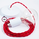 Single Pendant, suspended lamp with Red Rayon textile cable TM09