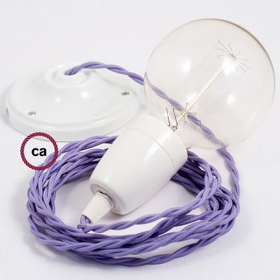 Porcelain Pendant, suspended lamp with Lilac Rayon textile cable TM07