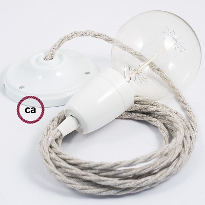 Porcelain Pendant, suspended lamp with Neutral Natural Linen textile cable TN01