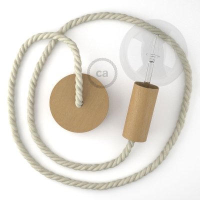 Wooden Pendant, suspended lamp with nautical XL 16mm rope in raw cotton, Made in Italy