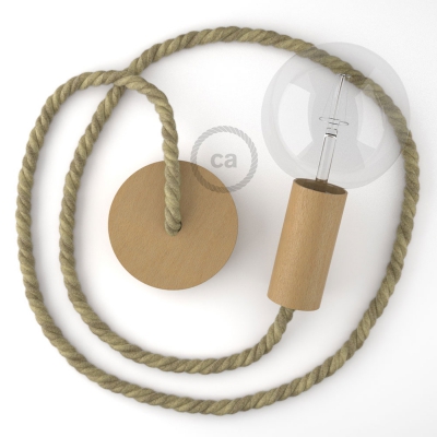 Wooden Pendant, suspended lamp with nautical XL 16mm rope in raw jute, Made in Italy