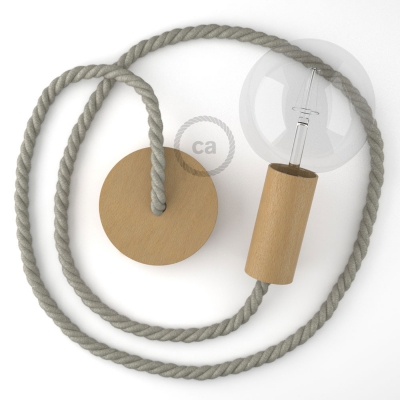 Wooden Pendant, suspended lamp with nautical XL 16mm rope in natural linen, Made in Italy