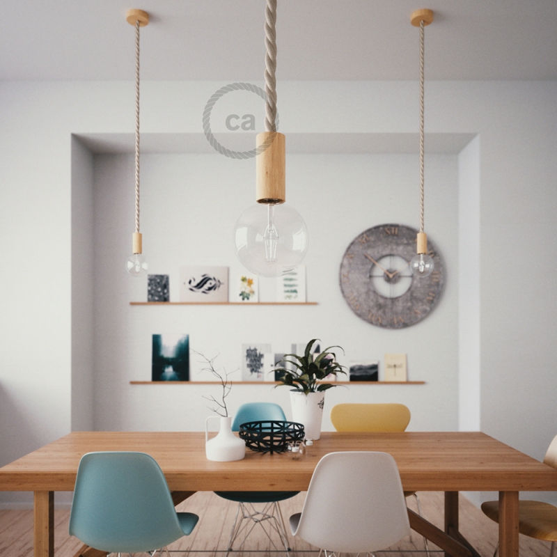 Wooden Pendant, suspended lamp with nautical 2XL 24mm rope in raw cotton, Made in Italy