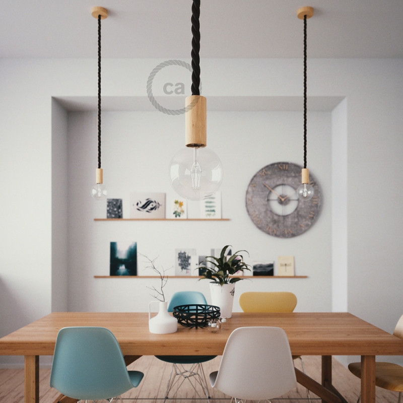 Wooden Pendant, suspended lamp with nautical 2XL 24mm rope in shiny black fabric, Made in Italy