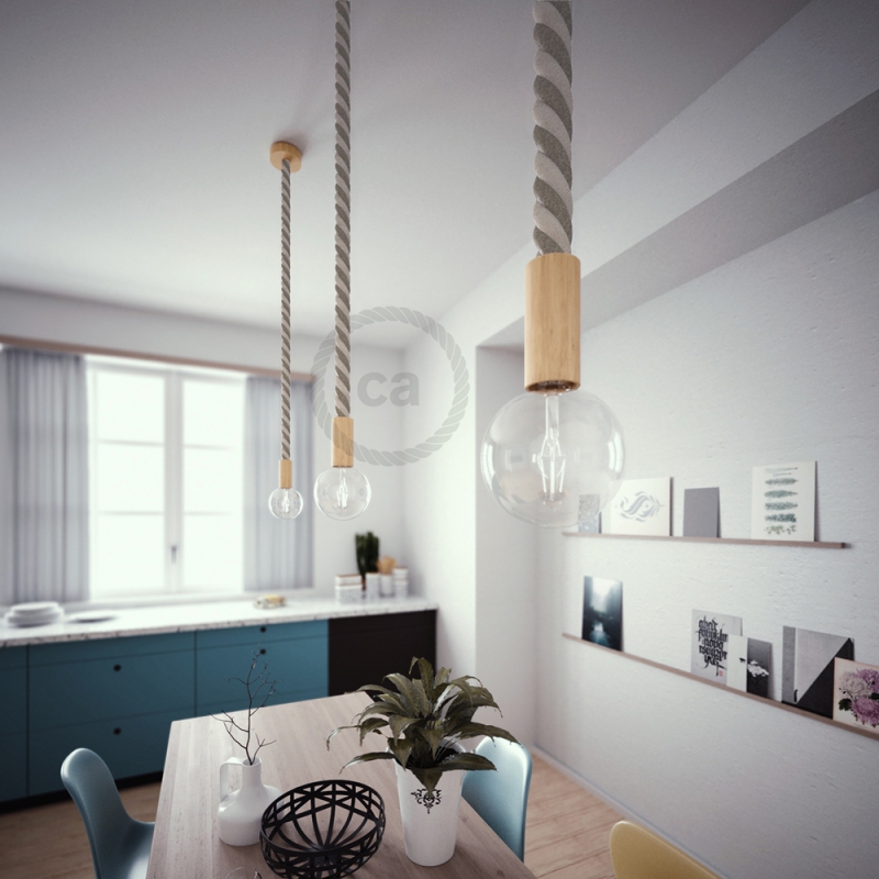 Wooden Pendant, suspended lamp with nautical 3XL 30mm rope in raw cotton and natural linen, Made in Italy