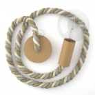 Wooden Pendant, suspended lamp with nautical 2XL 24mm rope in jute, cotton and linen Country, Made in Italy