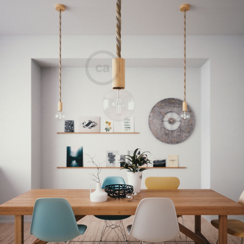 Wooden Pendant, suspended lamp with nautical 2XL 24mm rope in jute, cotton and linen Country, Made in Italy