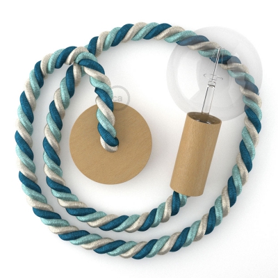 Wooden Pendant, suspended lamp with nautical 2XL 24mm rope in bright fabric Bernadotte, Made in Italy