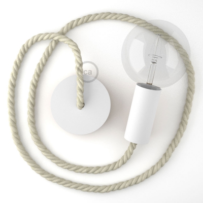 White painted wooden pendant lamp with nautical XL 16mm rope in raw cotton, Made in Italy