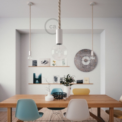 White painted wooden pendant lamp with nautical 2XL 24mm rope in raw cotton, Made in Italy