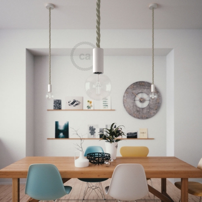 White painted wooden pendant lamp with nautical 2XL 24mm rope in natural linen, Made in Italy