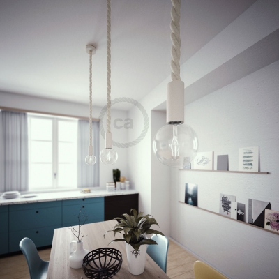 White painted wooden pendant lamp with nautical 3XL 30mm rope in raw cotton, Made in Italy