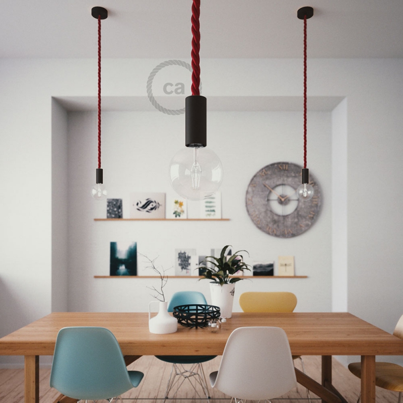 Black painted wooden pendant lamp with nautical 2XL 24mm rope in dark burgundy fabric, Made in Italy