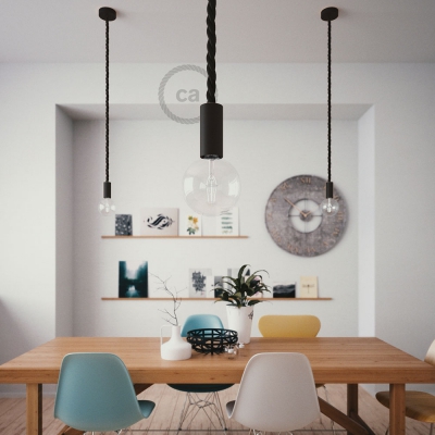 Black painted wooden pendant lamp with nautical 2XL 24mm rope in shiny black fabric, Made in Italy