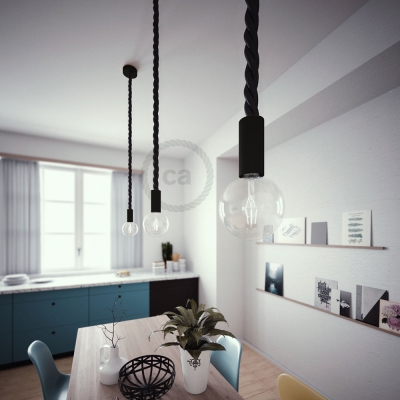 Black painted wooden pendant lamp with nautical 3XL 30mm rope in black shiny fabric, Made in Italy