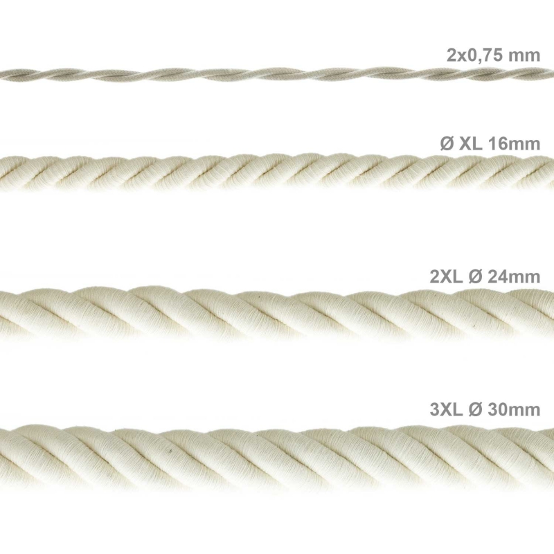 XL electrical cord, electrical cable 3x0,75. Raw cotton fabric covering. Diameter 16mm.