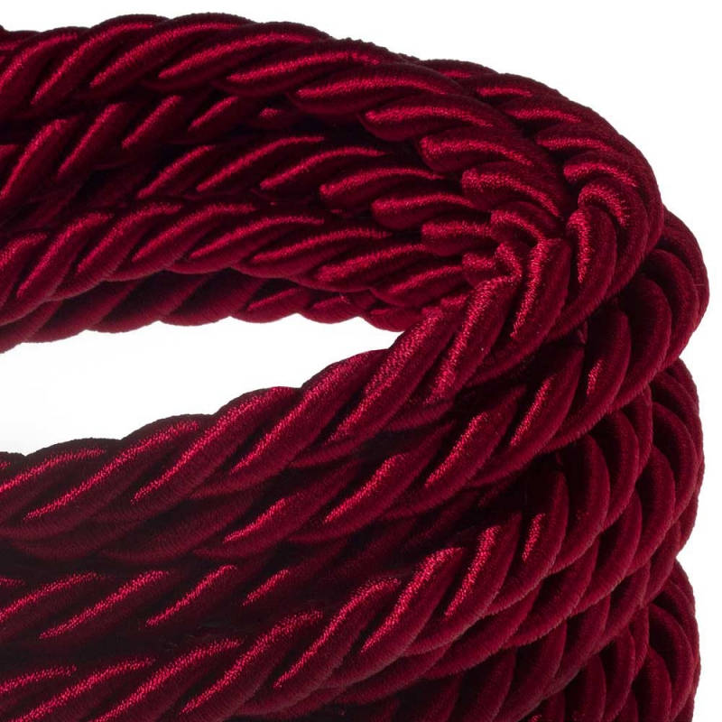 XL electrical cord, electrical cable 3x0,75. Shiny dark bordeaux fabric covering. Diameter 16mm.