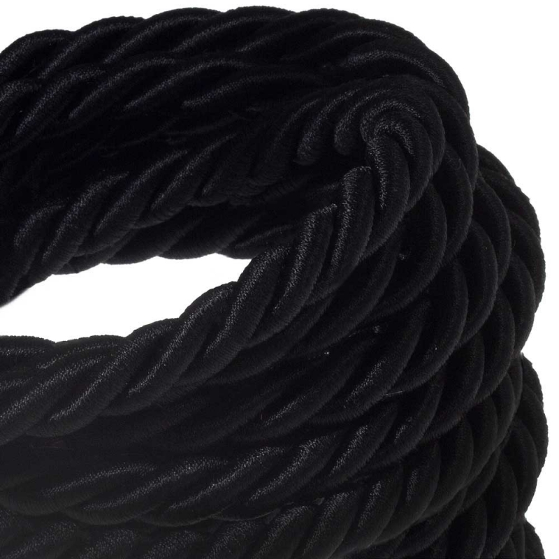 XL electrical cord, electrical cable 3x0,75. Shiny black fabric covering. Diameter 16mm.