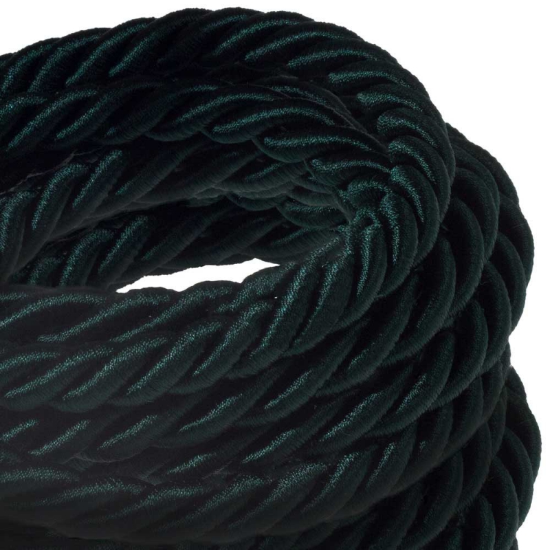 XL electrical cord, electrical cable 3x0,75. Shiny dark green fabric covering. Diameter 16mm.