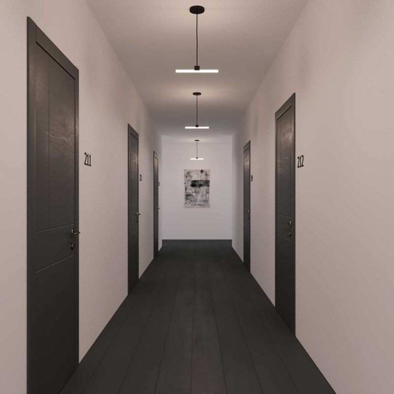 Architectural suspended linear tube ceiling light with S14d Syntax socket & 30 cm metal black extension pipe