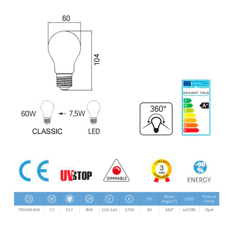 LED Milky White Light Bulb - Drop A60 - 7,5W E27 Dimmable 2700K