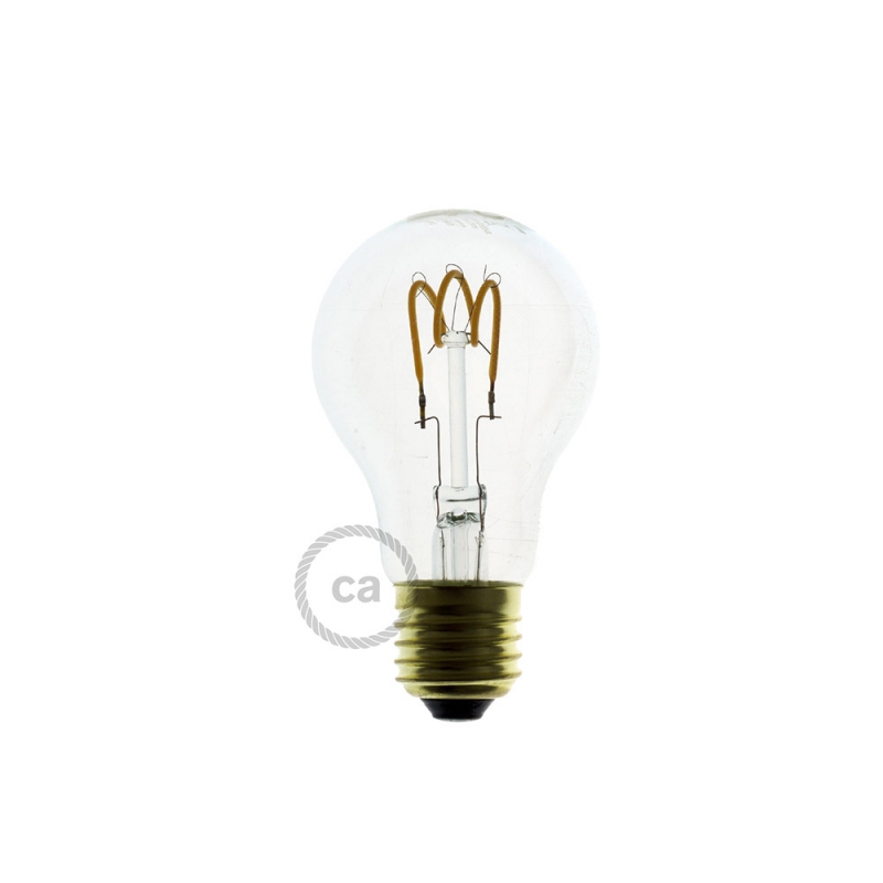 LED Transparent Light Bulb - Drop A60 Curved Spiral Filament - 3W E27 Dimmable 2200K