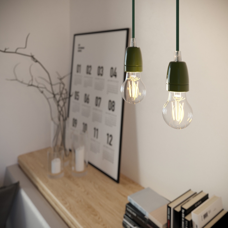 Pendant lamp with textile cable and coloured porcelain details - Made in Italy