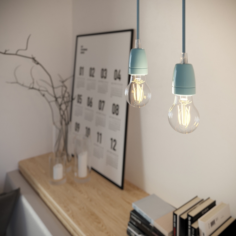 Pendant lamp with textile cable and coloured porcelain details - Made in Italy